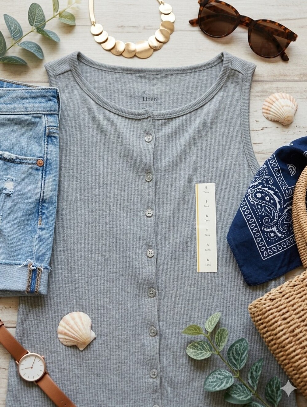 a new day Gray Ribbed Button-Front Tank